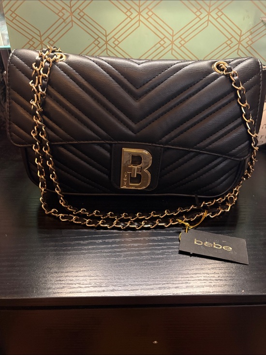 bebe Handbags - bebe Quilted Chevron Chain Shoulder Bag in Black with Gold Hardware